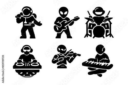 Futuristic Music Icons. Solid vector icons of futuristic musicians: astronaut singer, alien guitarist, space drummer, hologram DJ,