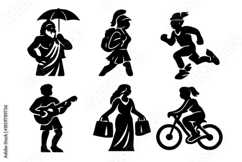 Modern Gods Icons. Solid vector icons of gods and goddesses in modern activities: Zeus with umbrella, Athena with backpack, Hermes