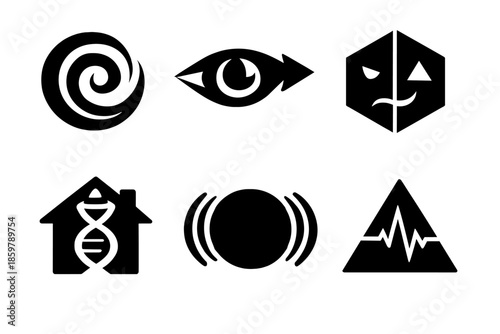 Abstract Symbolic Icons. Solid vector icons of abstract signs: “time” as spiral, arrow with eye, geometric emotion, “home” made of