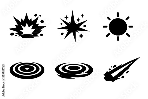 Abstract Gaming Effects. Solid vector icons of abstract gaming effects: explosion, spark, glow, pulse, ripple, beam No text, No