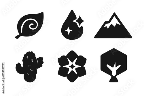 Nature Icons Collection. Solid vector icons of nature and shapes: leaf with spiral, raindrop with star, mountain triangle, cactus