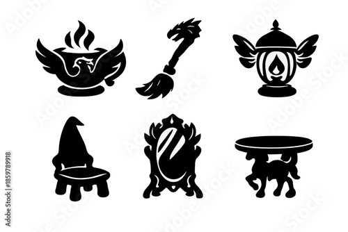 Mythical Household Icons. Solid style icons of Mythical Household Items: phoenix teacup, dragon broom, fairy lamp, gnome chair,