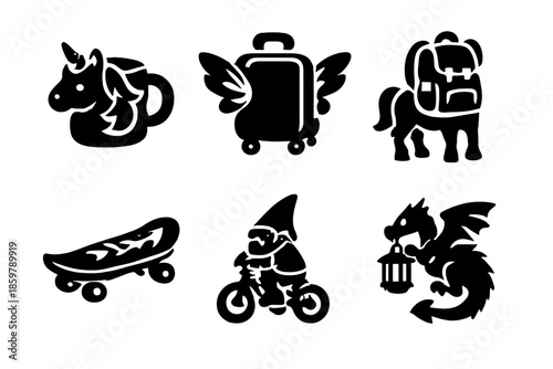 Fantasy-Themed Everyday Items. Solid style icons of Fantasy + Everyday Items: unicorn mug, fairy suitcase, centaur backpack, elf