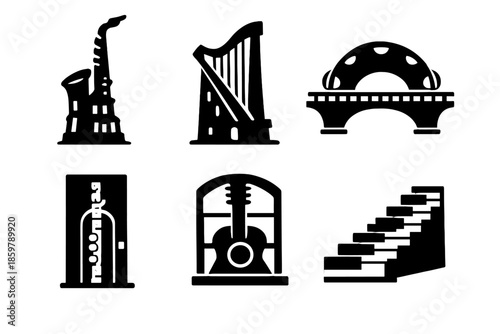 Musical Landmark Icons. Solid style icons of Musical Landmarks: saxophone spire, harp tower, tambourine bridge, flute door, guitar