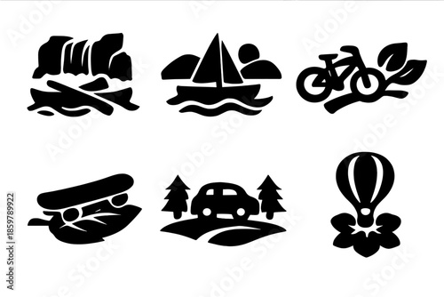 Nature Route Icons. Solid style icons of Nature Routes: canoe waterfall, sailboat hill, bike branch, skateboard leaf, car meadow,