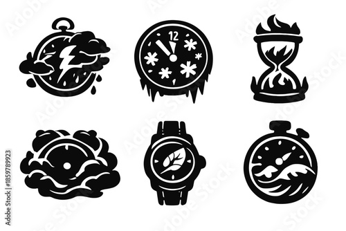 Temporal Force Icons. Solid style icons of Temporal Forces: pocket watch storm, wall clock snow, sand timer ember, alarm clock fog