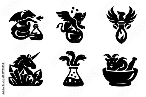 Alchemy Creature Icons. Solid style icons of Alchemy + Creatures: alembic dragon, potion griffin, vial phoenix, crystal unicorn,