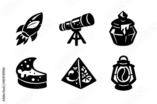 Culinary Astral Icons. Solid style icons of Culinary Exploration: tea leaf rocket, spice vial telescope, honey pot crystal, cake