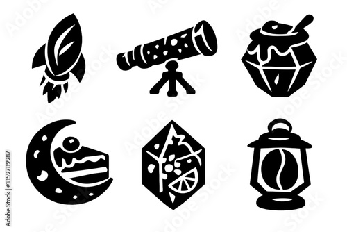 Culinary Astral Icons. Solid style icons of Culinary Exploration: tea leaf rocket, spice vial telescope, honey pot crystal, cake