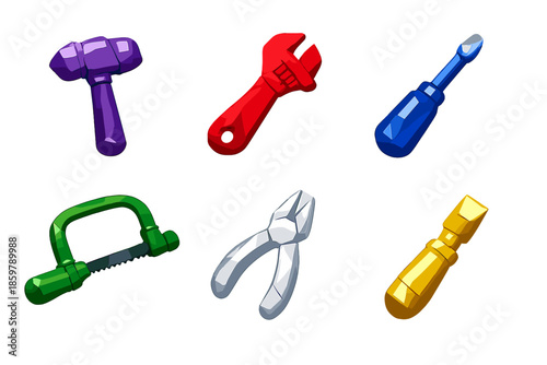 Gemstone Crafting Tools. Solid style icons of Jewelry Crafting Tools: amethyst hammer, ruby wrench, sapphire screwdriver, emerald