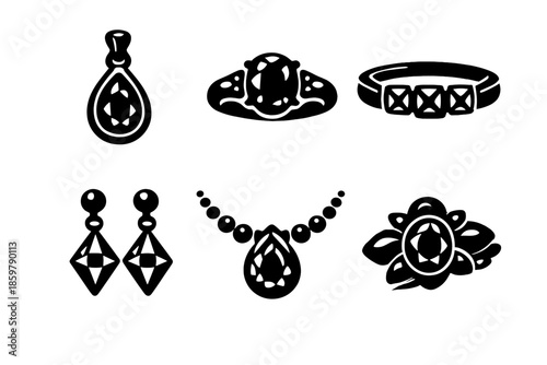 Jewelry Icon Collection. Solid style icons of Jewelry & Fashion: ruby pendant, sapphire ring, emerald bracelet, diamond earrings,