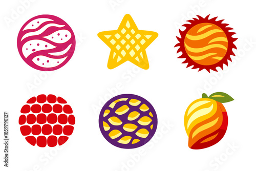 Exotic Fruit Icons. Solid style icons of Exotic Fruit Textures: dragonfruit ripple, starfruit mesh, rambutan wave, lychee grid,