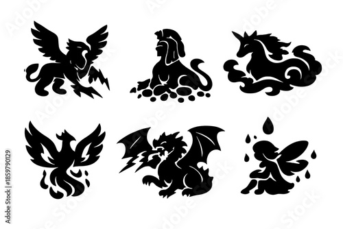 Mythical Weather Icons. Solid style icons of Mythical Weather Creatures: thunder griffin, hail sphinx, mist unicorn, aurora