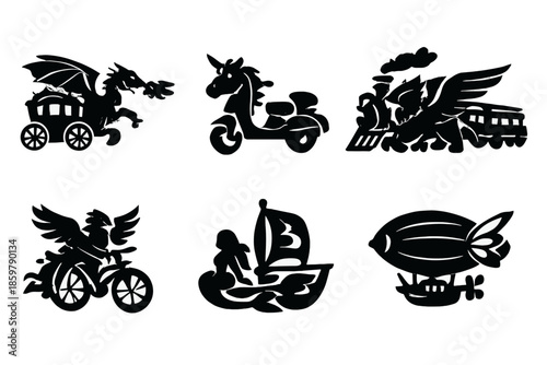 Legendary Transport Icons. Solid style icons of Legendary Transport: dragon carriage, unicorn scooter, griffin train, phoenix
