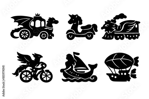 Legendary Transport Icons. Solid style icons of Legendary Transport: dragon carriage, unicorn scooter, griffin train, phoenix