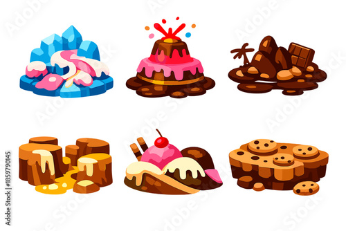 Sugary Landforms Icons. Solid style icons of Sugary Terrains: candy glacier, cake volcano, chocolate island, bread canyon, ice