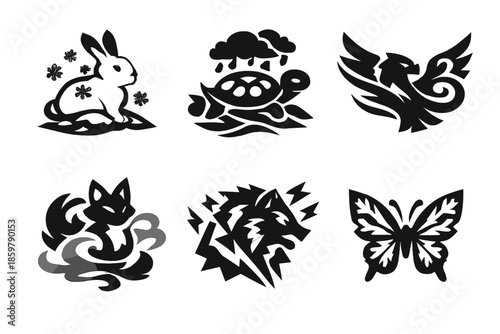 Elemental Animal Icons. Solid style icons of Elemental Animals: snow rabbit, rain turtle, wind eagle, fog fox, thunder wolf, frost
