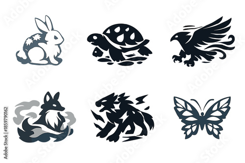 Elemental Animal Icons. Solid style icons of Elemental Animals: snow rabbit, rain turtle, wind eagle, fog fox, thunder wolf, frost