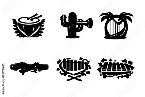 Plant Musical Instruments. Solid style icons of Plant Music: fern drum, cactus trumpet, palm harp, moss flute, vine xylophone, ivy