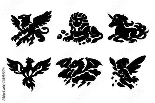 Mythical Weather Icons. Solid style icons of Mythical Weather Creatures: thunder griffin, hail sphinx, mist unicorn, aurora