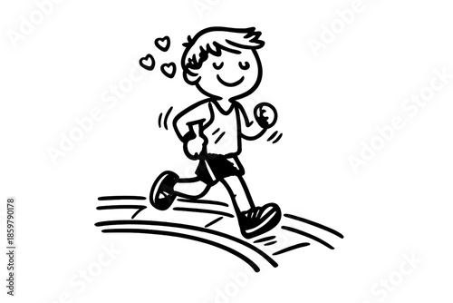 Playful Jogger Icon. Doodle-style vector icon of a runner jogging steadily, relaxed smile, rhythmic movement, small sweat drops