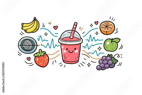 Biometric Smoothie Icon. Doodle-style vector icon of a personalized smoothie system with biometric waves connecting to fruits and