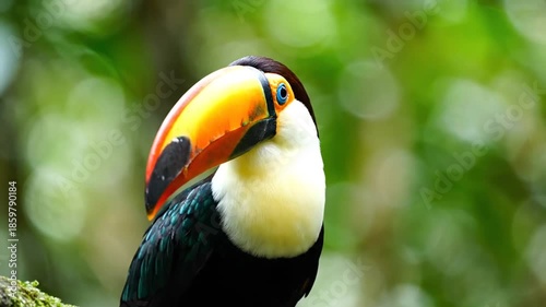 Colorful toucan perched on a branch with green foliage in a natural environment