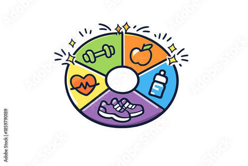 Energetic Fitness Emblem. Doodle-style vector icon of a weekly fitness emblem with five charged segments, joyful sparks jumping