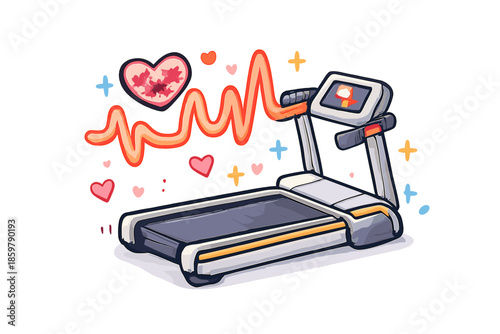 Playful Treadmill Pulse. Doodle-style vector icon of a running treadmill synchronized with heart rate, bouncy pulse curves and