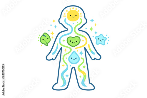 Detox Journey Visualization. Doodle-style vector icon of a detox journey visualization, human body outline with flowing light
