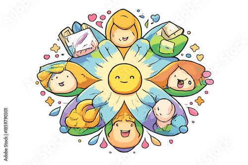 Diversified Portfolio Kaleidoscope. Doodle-style vector icon of portfolio diversification visualized as a kaleidoscope, central