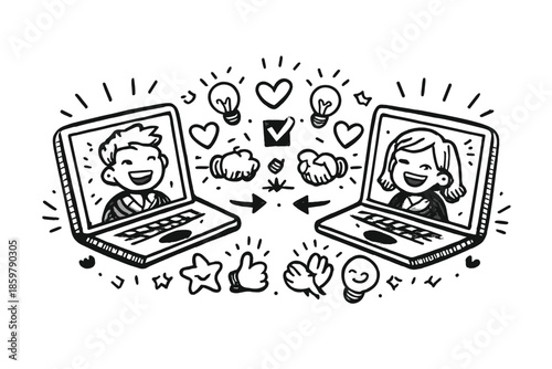 Mutual Fit Interview. Doodle-style vector icon of a mutual fit interview moment, screens glowing with mirrored values and ideas,