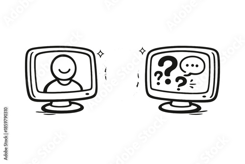 Mirror Interview Icon. Doodle-style vector icon of a mirror interview concept, two friendly screens facing each other, one with a