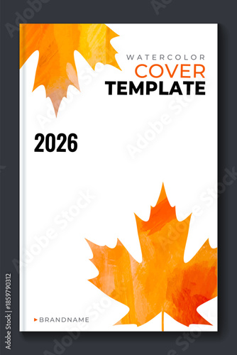 Сolorful vector watercolor vertical background with maple leaf for poster, banner or flyer