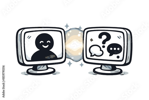 Mirror Interview Icon. Doodle-style vector icon of a mirror interview concept, two friendly screens facing each other, one with a