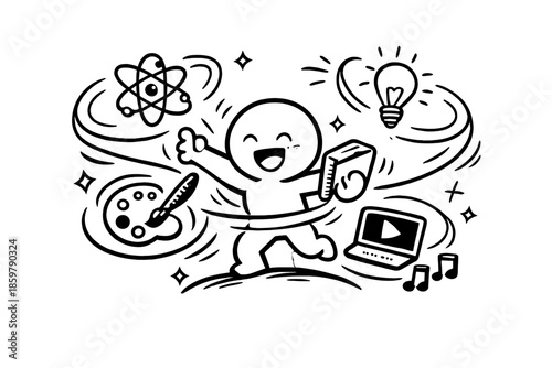 Gravity Learning Doodle. Doodle-style vector icon of personal learning gravity, central character pulling in skill icons from