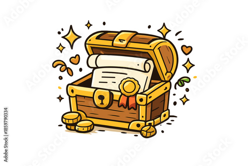 Doodle Quest Treasure. Doodle-style vector icon of a final quest reward, treasure chest symbolizing a certificate, joyful sparkles