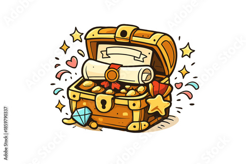 Doodle Quest Treasure. Doodle-style vector icon of a final quest reward, treasure chest symbolizing a certificate, joyful sparkles
