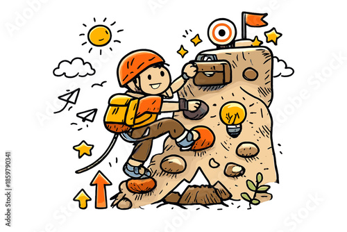 Career Growth Climbing. Doodle-style vector icon of career growth through climbing, climber confidently reaching the next project