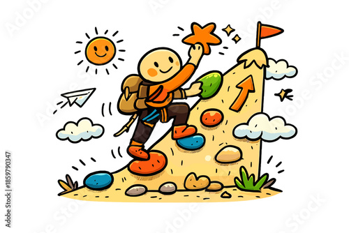 Career Growth Climbing. Doodle-style vector icon of career growth through climbing, climber confidently reaching the next project