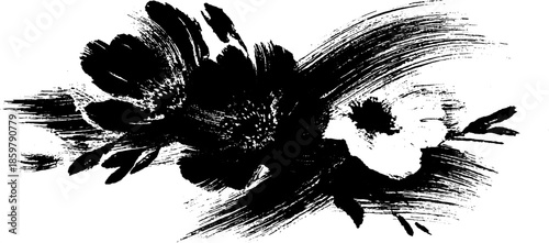 Black ink floral illustration in sumi e style for art and design