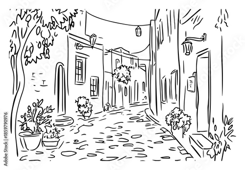 Old European cobblestone street vector drawing. Vintage city alleyway with lanterns and plants in sketch style.