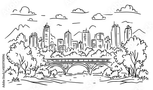 Stone bridge in city park vector sketch. Urban skyline background with trees and river landscape illustration.