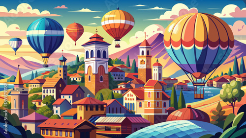 Very beautiful panoramic scene of colorful hot air balloons floating above historic Bulgarian landmarks, creating a festive atmosphere with open sky and wide copy space.
