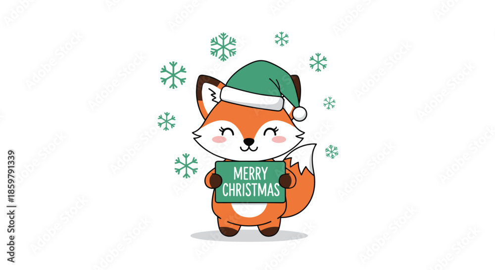 Obraz premium Happy fox character wearing a green santa hat and holding a merry christmas sign surrounded by snowflakes.