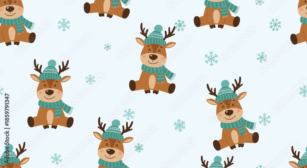 Fototapeta premium Festive seamless pattern featuring cute reindeer characters wearing teal hats and scarves scattered with snowflakes on a light blue background.