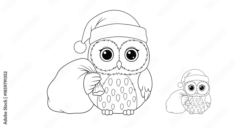 Obraz premium Two owls wearing santa hats coloring page featuring a large owl with a gift sack and a smaller owl friend.