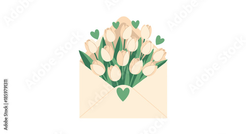 Charming illustration of a beige envelope overflowing with elegant white tulips and small green heart icons.