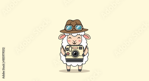 Cute sheep character dressed as a photographer wearing a brown hat and goggles while holding a vintage camera.