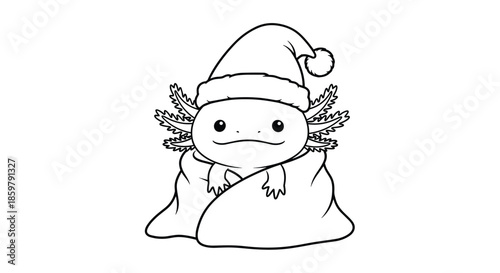 Cozy axolotl coloring page wearing a santa hat and wrapped in a warm blanket for winter holiday activities.
